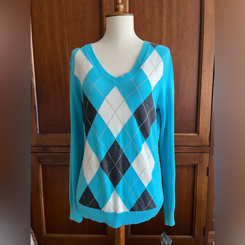 Izod Argyle V-Neck Sweater NWT Small Petite - Picture 2 of 8
